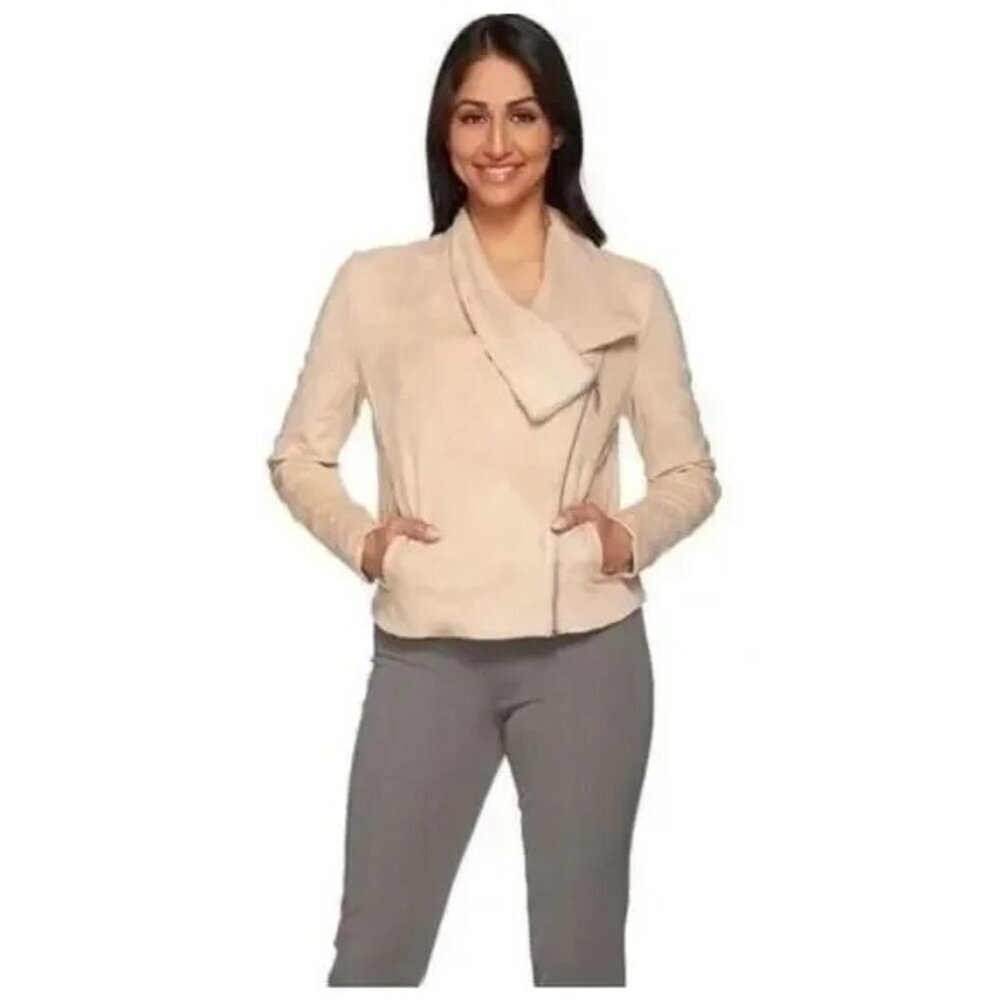 H Halston Faux Suede Asymmetrical Motorcycle Jacket Moto Plus S‎ 18W Tan Zip